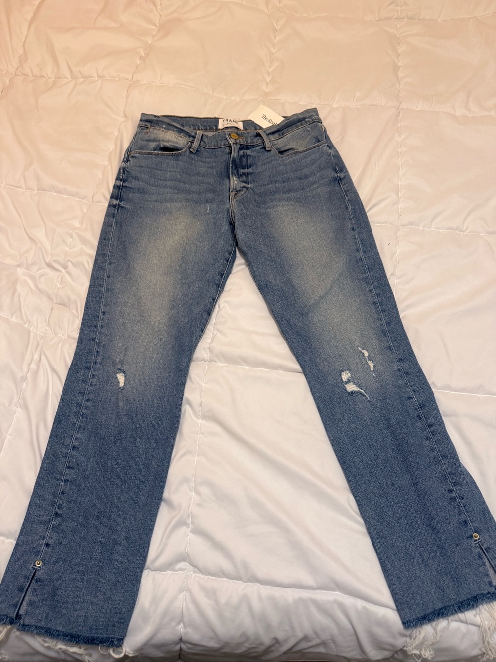 Frame Denim Light Blue Flare Jeans with Distress